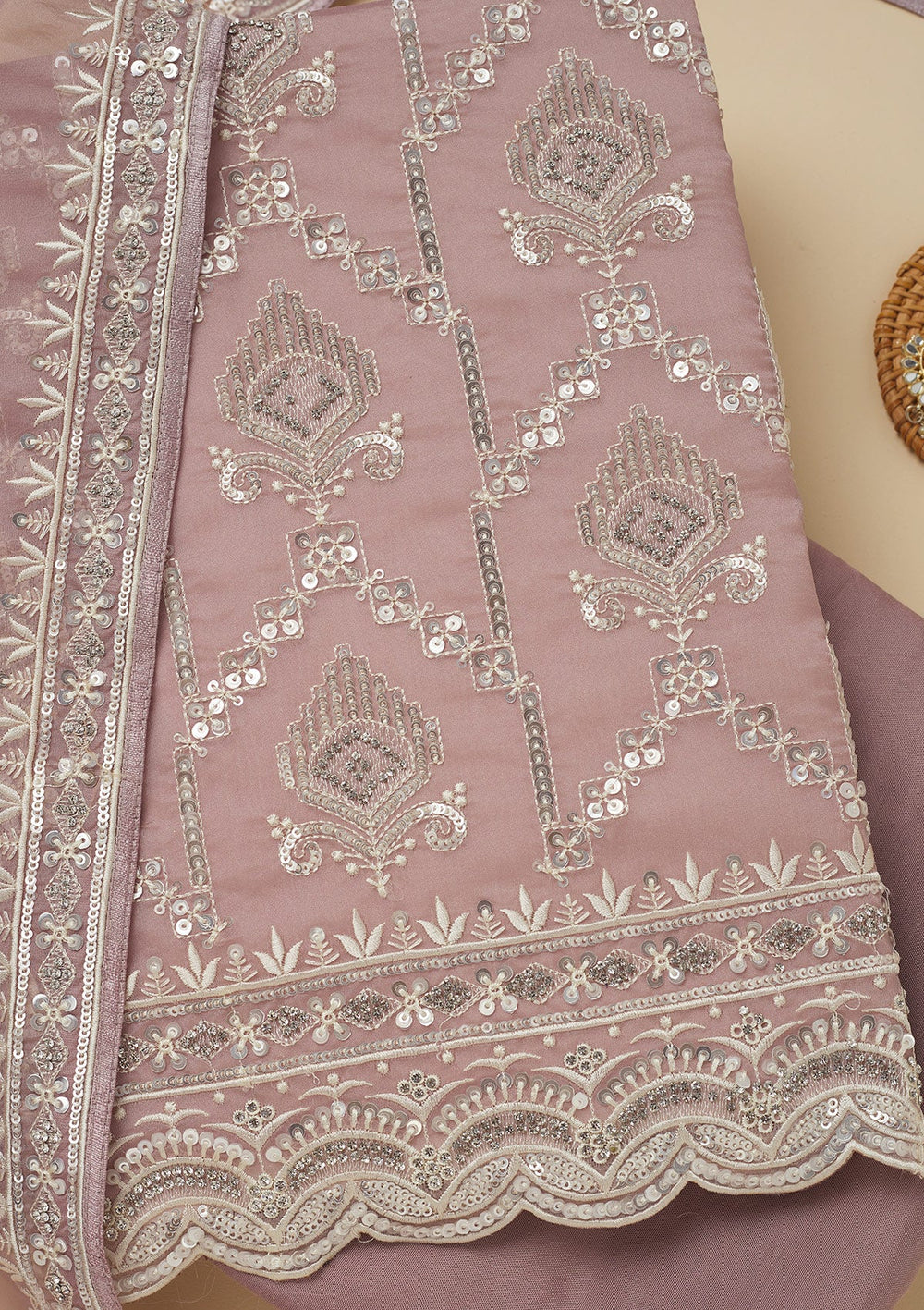 Mauve Zariwork Tissue Unstitched Salwar Suit-Koskii