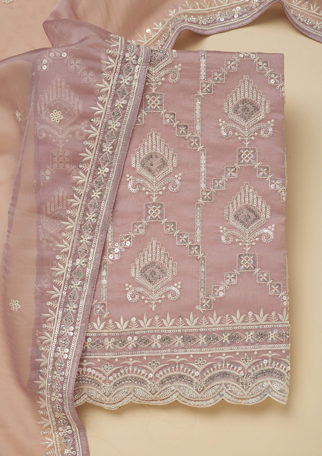 Mauve Zariwork Tissue Unstitched Salwar Suit-Koskii