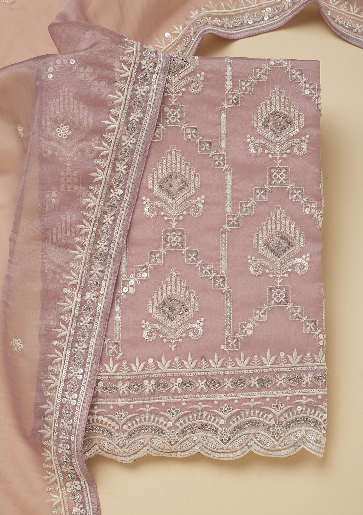 Mauve Zariwork Tissue Unstitched Salwar Suit-Koskii