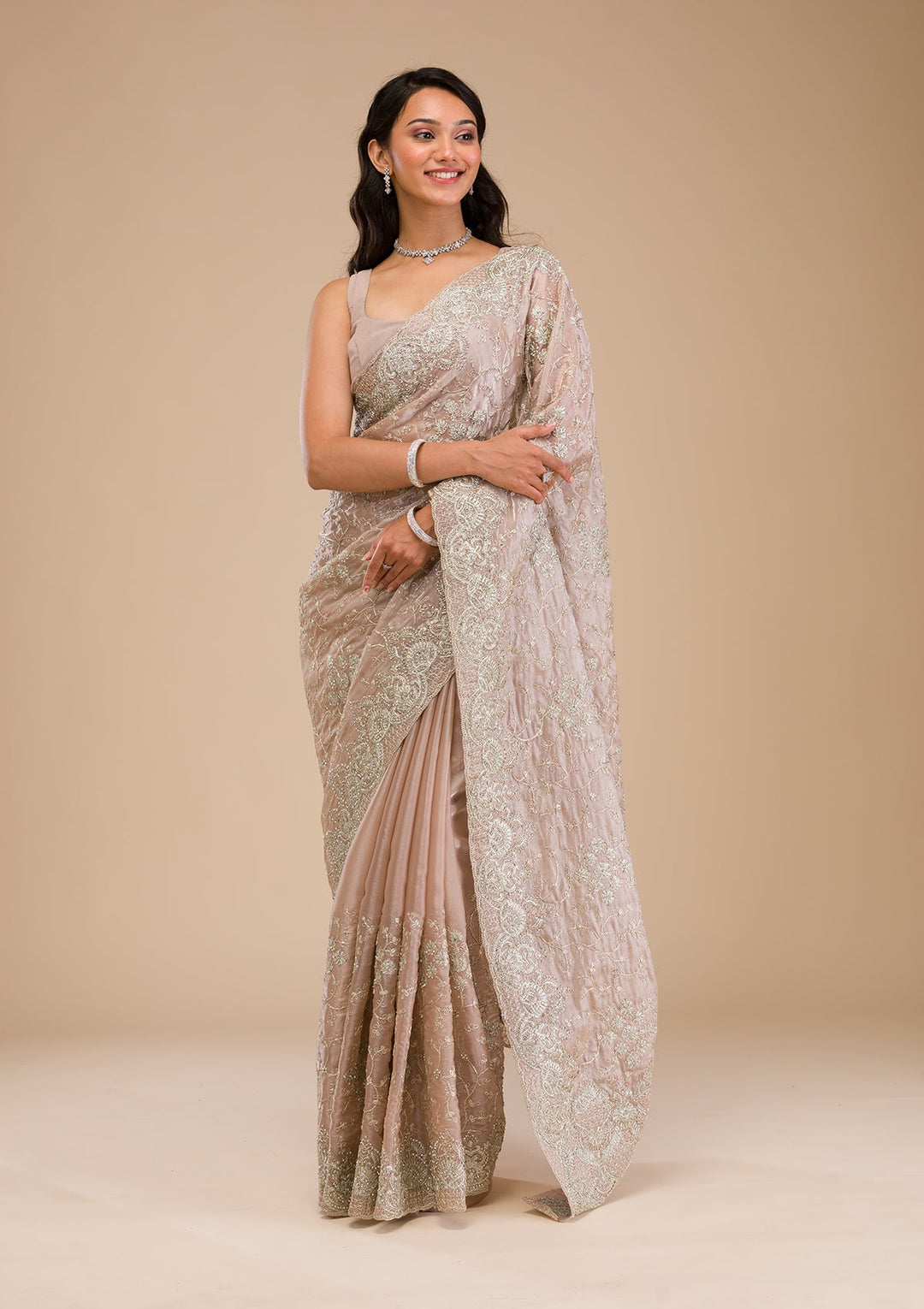 Mauve Zariwork Tissue Saree-Koskii