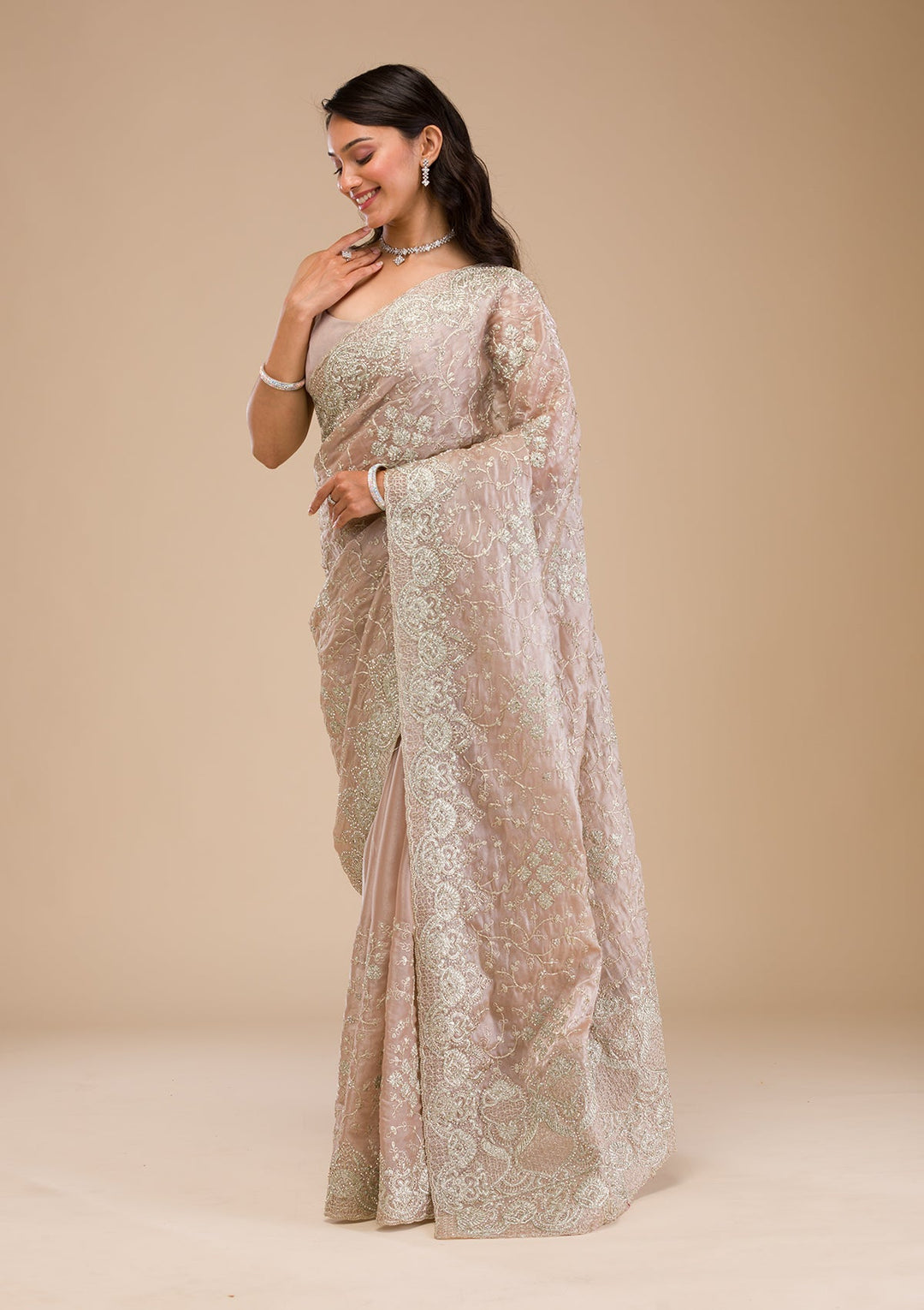 Mauve Zariwork Tissue Saree-Koskii
