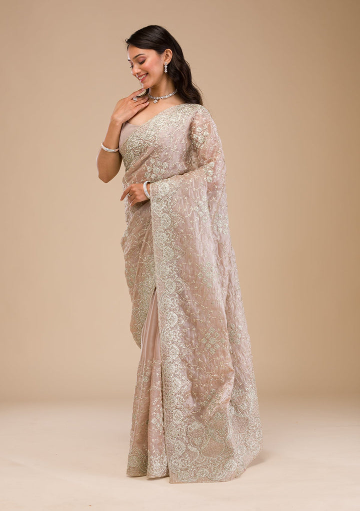 Mauve Zariwork Tissue Saree-Koskii