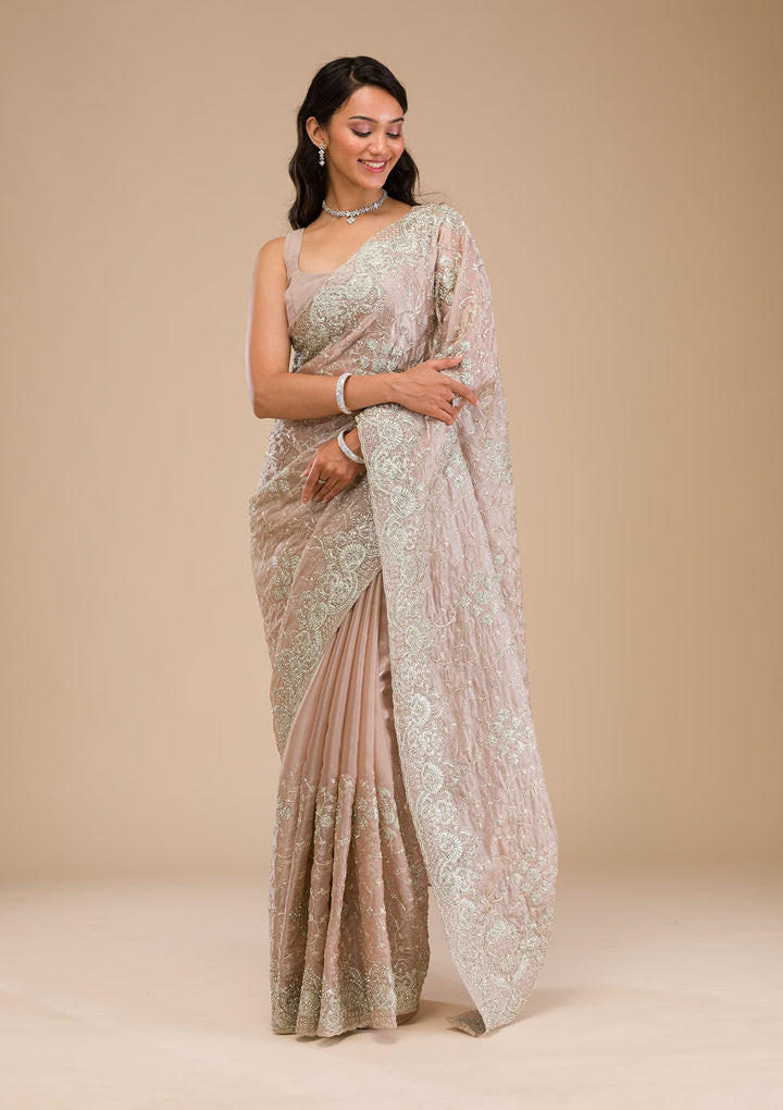 Mauve Zariwork Tissue Saree-Koskii
