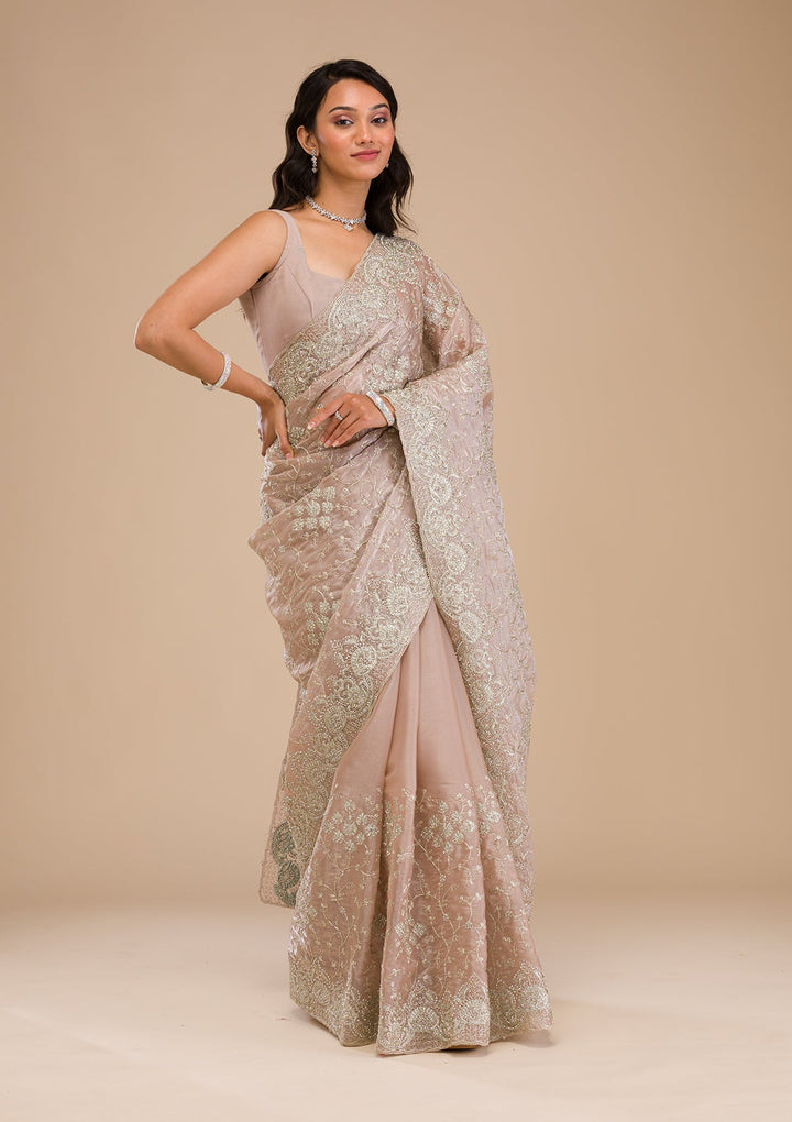 Mauve Zariwork Tissue Saree-Koskii