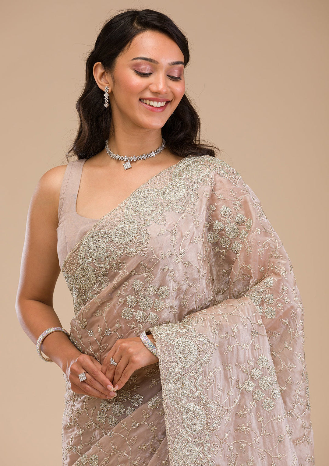 Mauve Zariwork Tissue Saree-Koskii