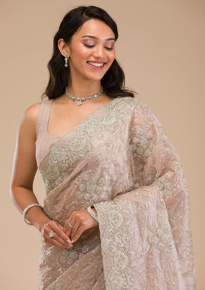 Mauve Zariwork Tissue Saree-Koskii