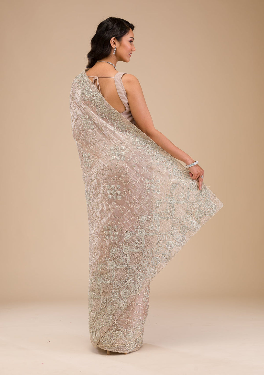 Mauve Zariwork Tissue Saree-Koskii