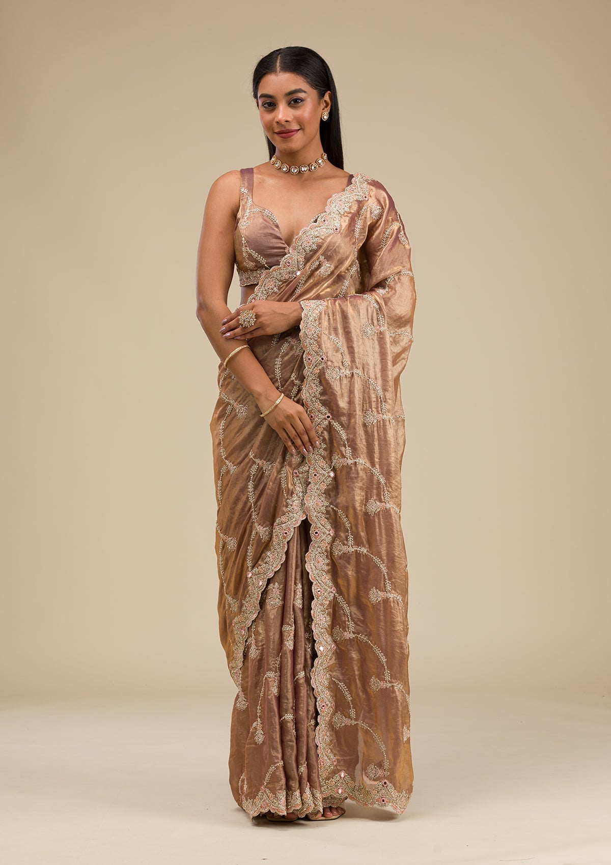 Mauve Zariwork Tissue Saree-Koskii