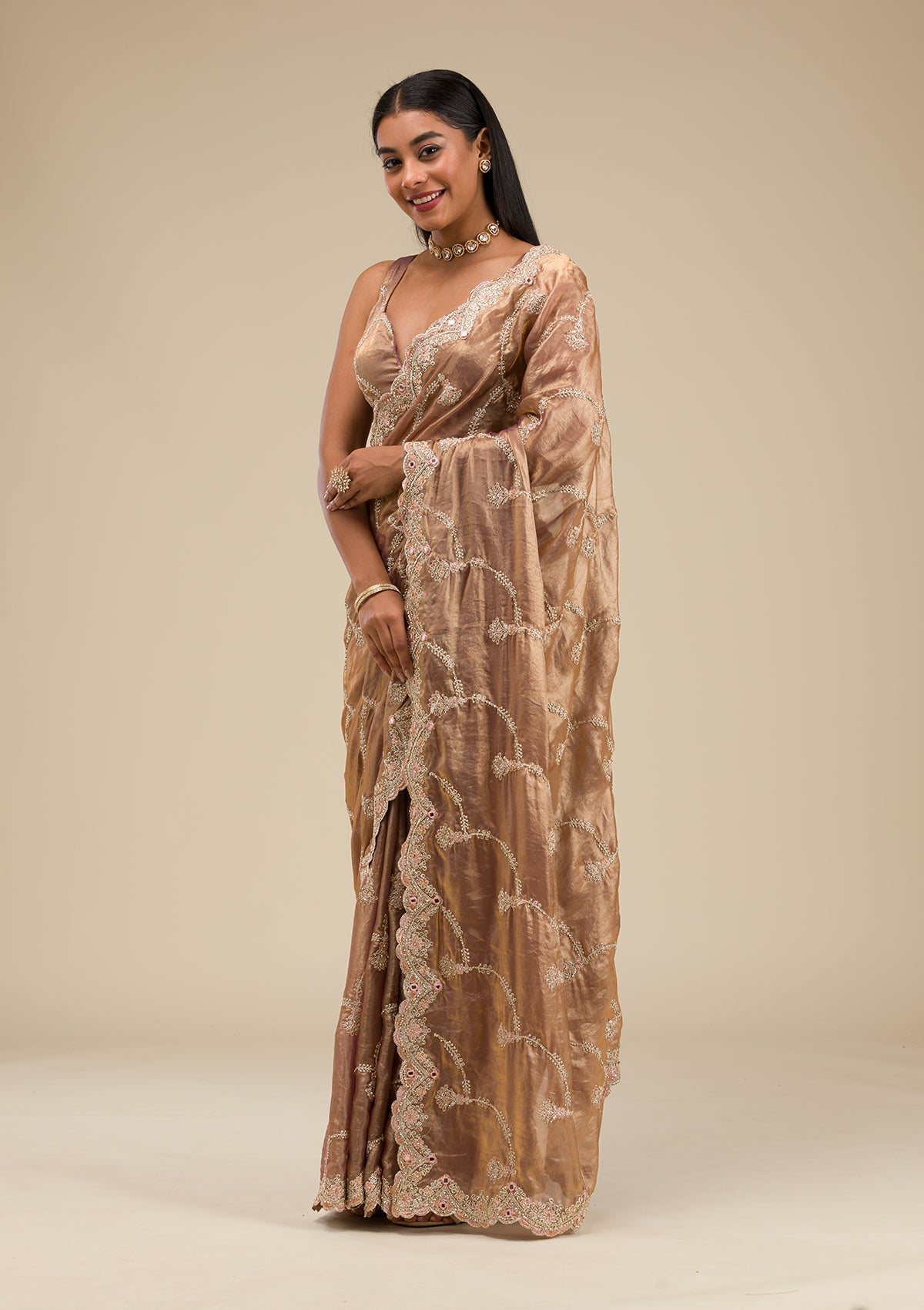 Mauve Zariwork Tissue Saree-Koskii