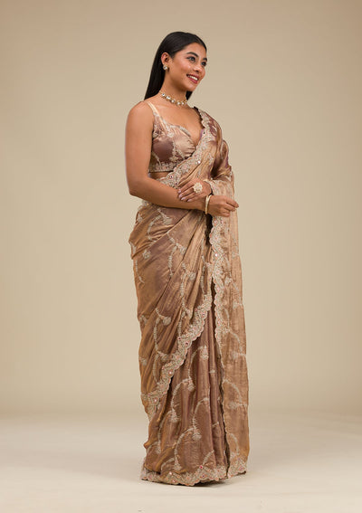 Mauve Zariwork Tissue Saree-Koskii