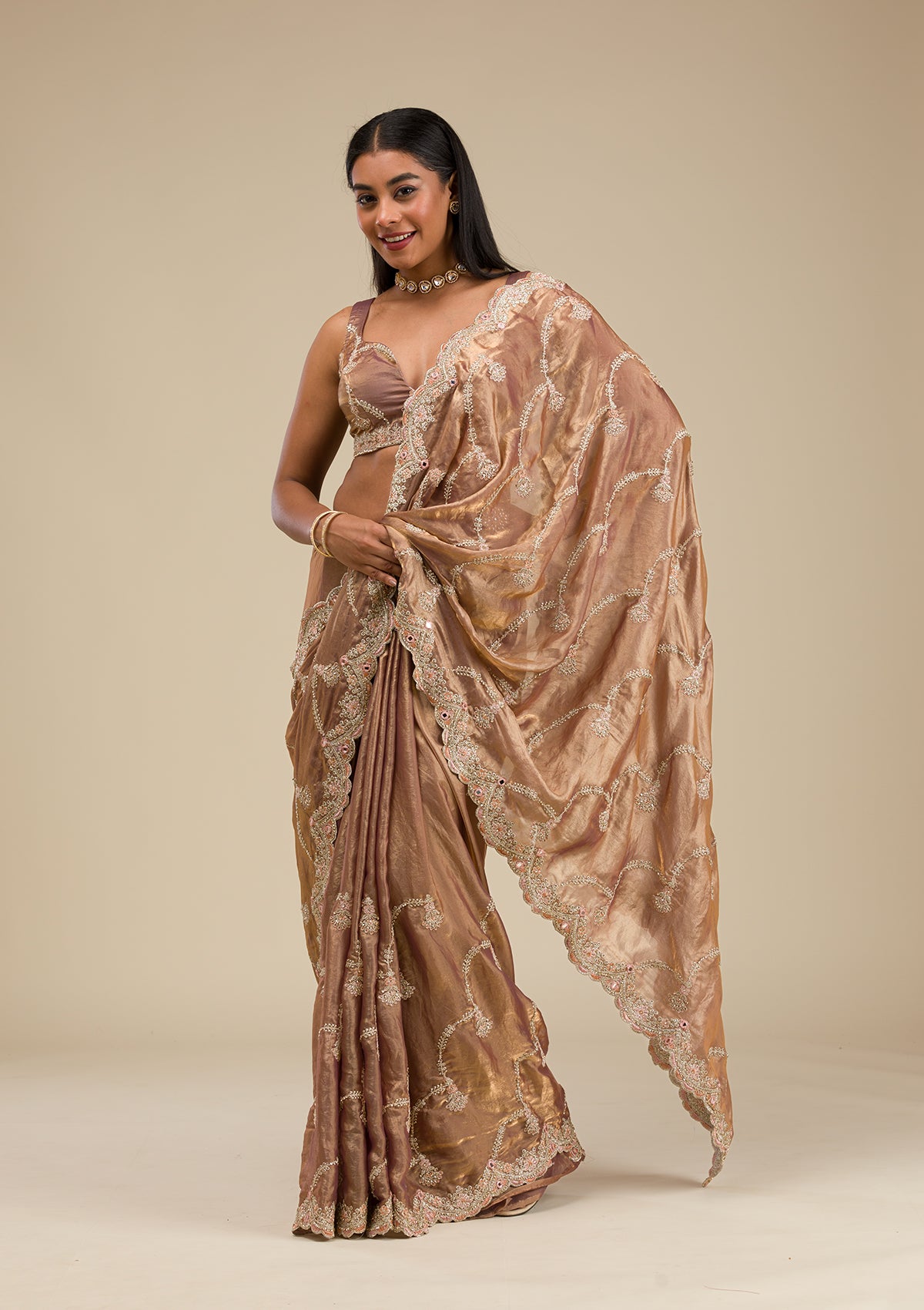 Mauve Zariwork Tissue Saree-Koskii