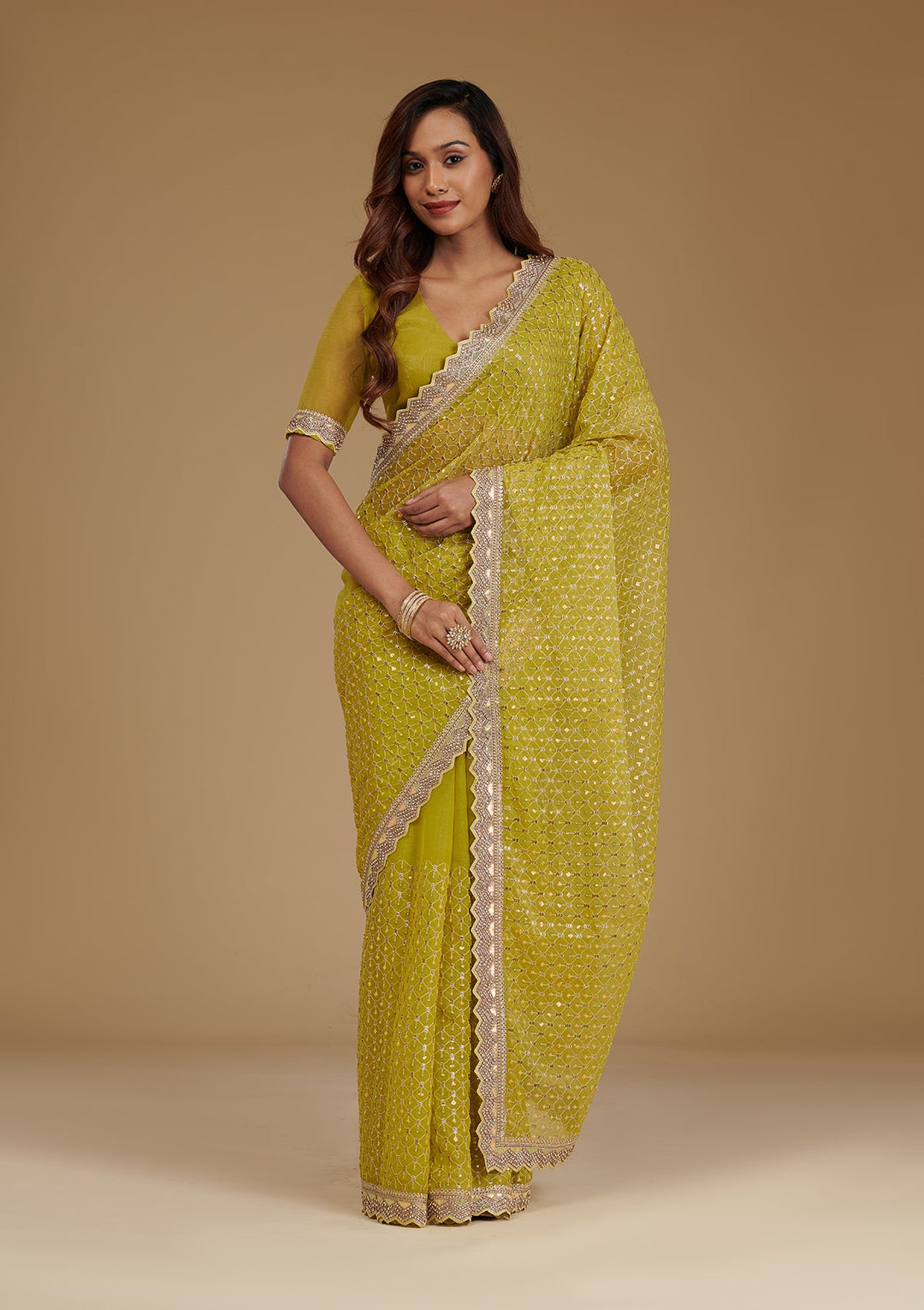 Mehendi Cutdana Chiffon Saree-Koskii