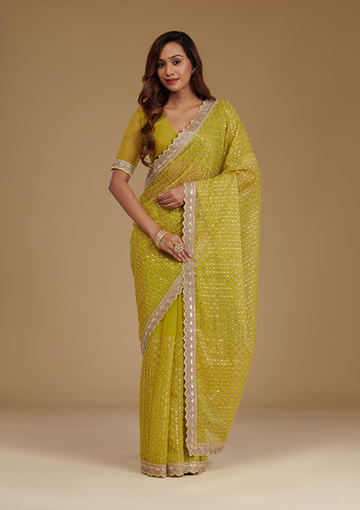 Mehendi Cutdana Chiffon Saree-Koskii