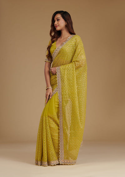 Mehendi Cutdana Chiffon Saree-Koskii