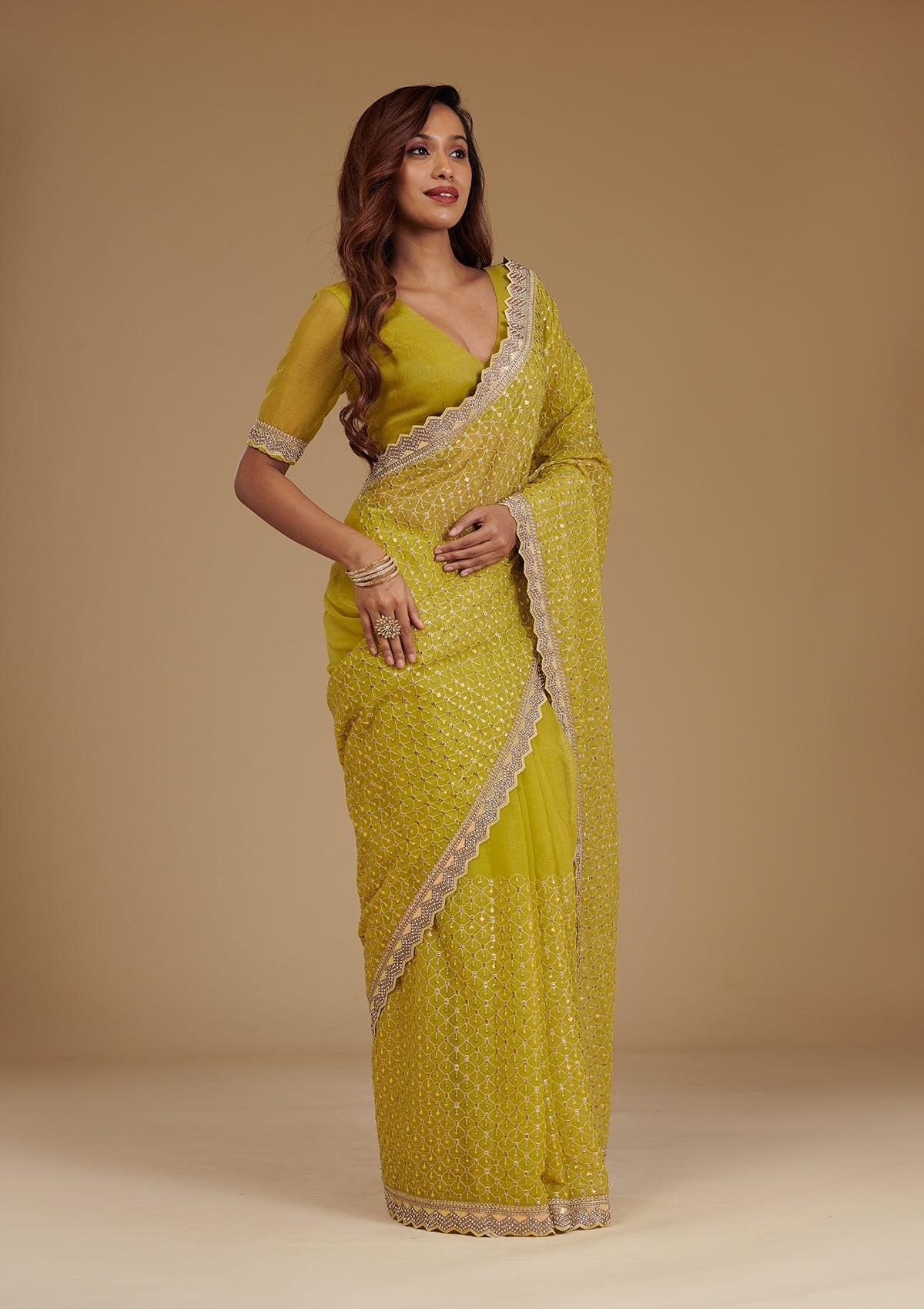 Mehendi Cutdana Chiffon Saree-Koskii