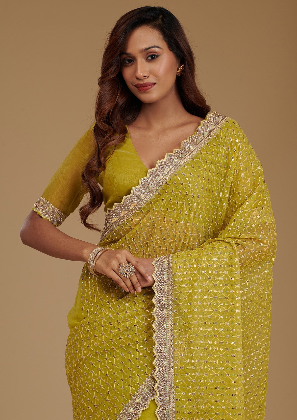 Mehendi Cutdana Chiffon Saree-Koskii