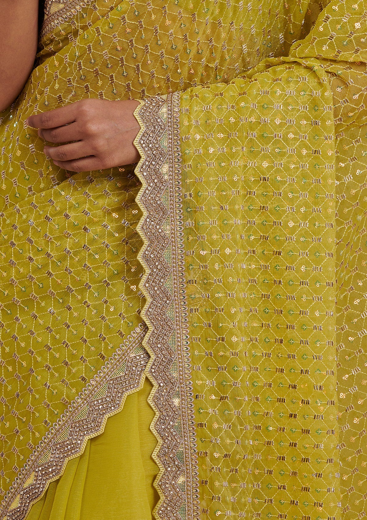 Mehendi Cutdana Chiffon Saree-Koskii