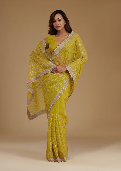 Mehendi Cutdana Chiffon Saree-Koskii