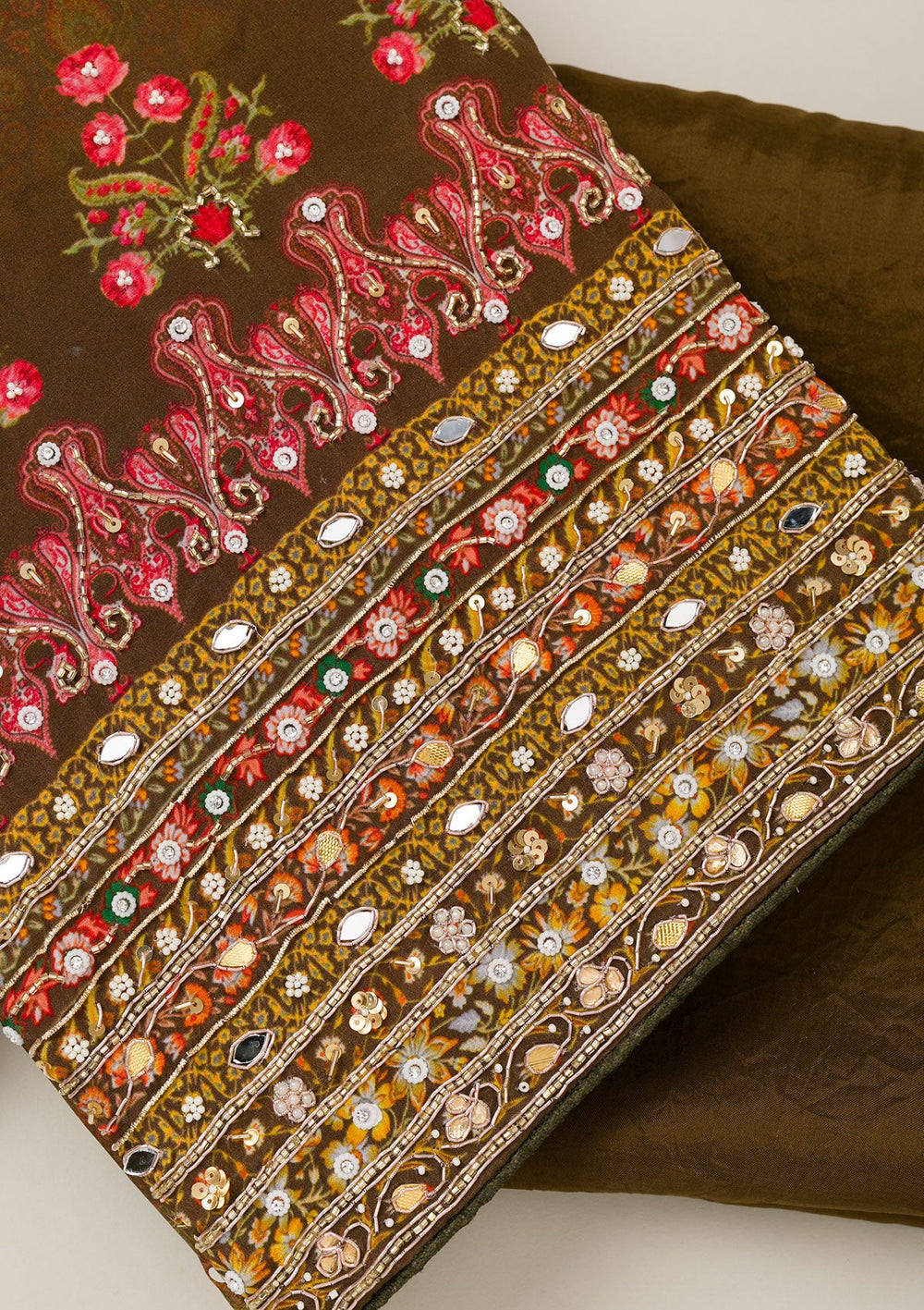 Mehendi Cutdana Crepe Unstitched Salwar Suit-Koskii