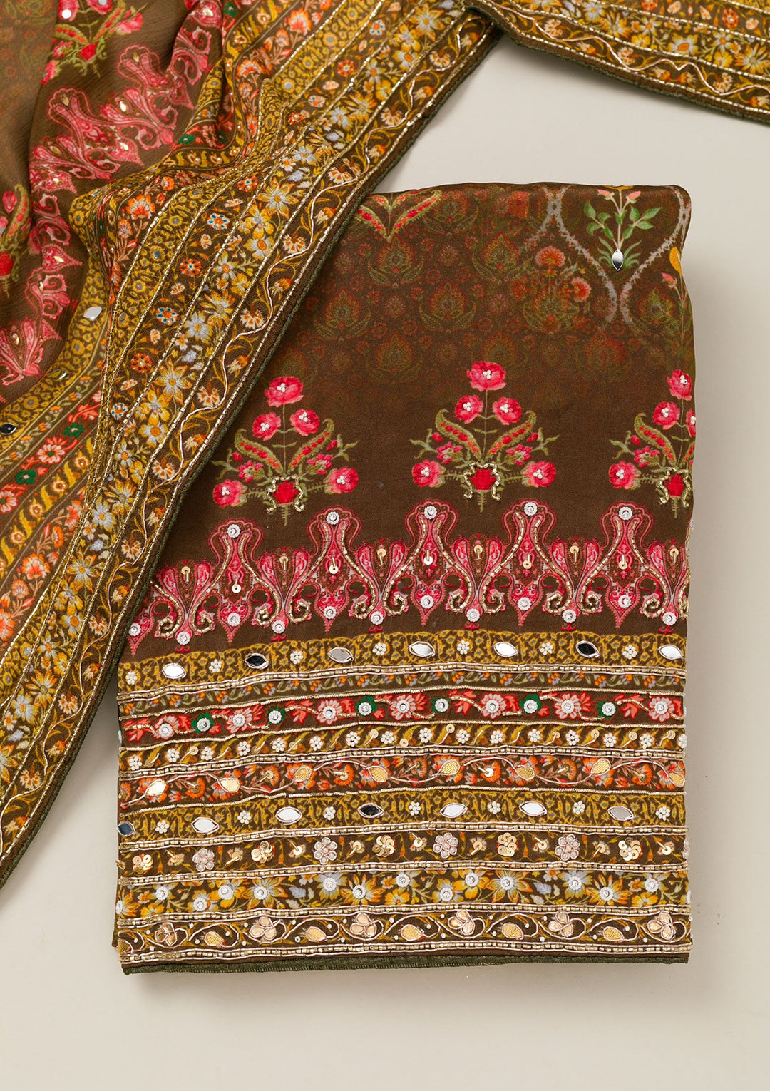 Mehendi Cutdana Crepe Unstitched Salwar Suit-Koskii