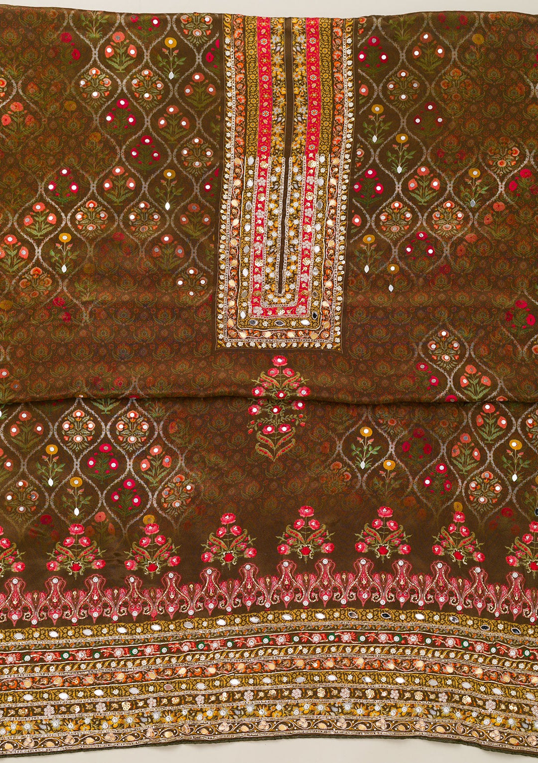 Mehendi Cutdana Crepe Unstitched Salwar Suit-Koskii