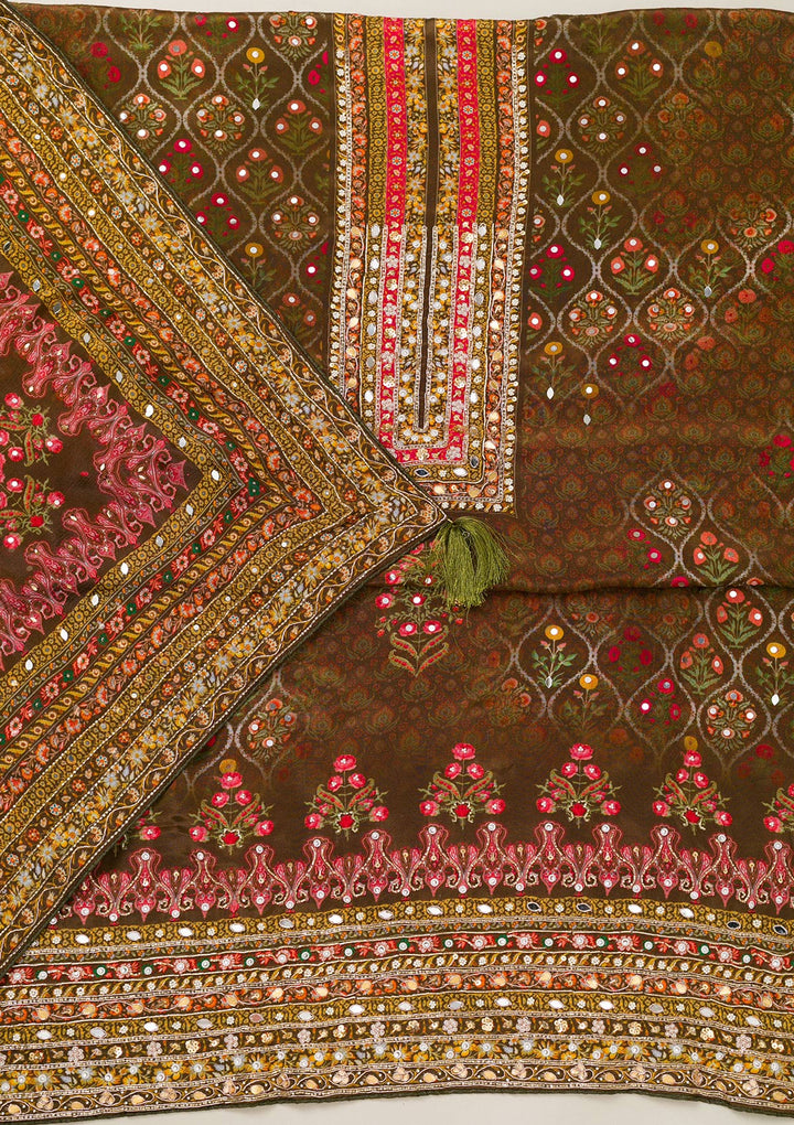 Mehendi Cutdana Crepe Unstitched Salwar Suit-Koskii