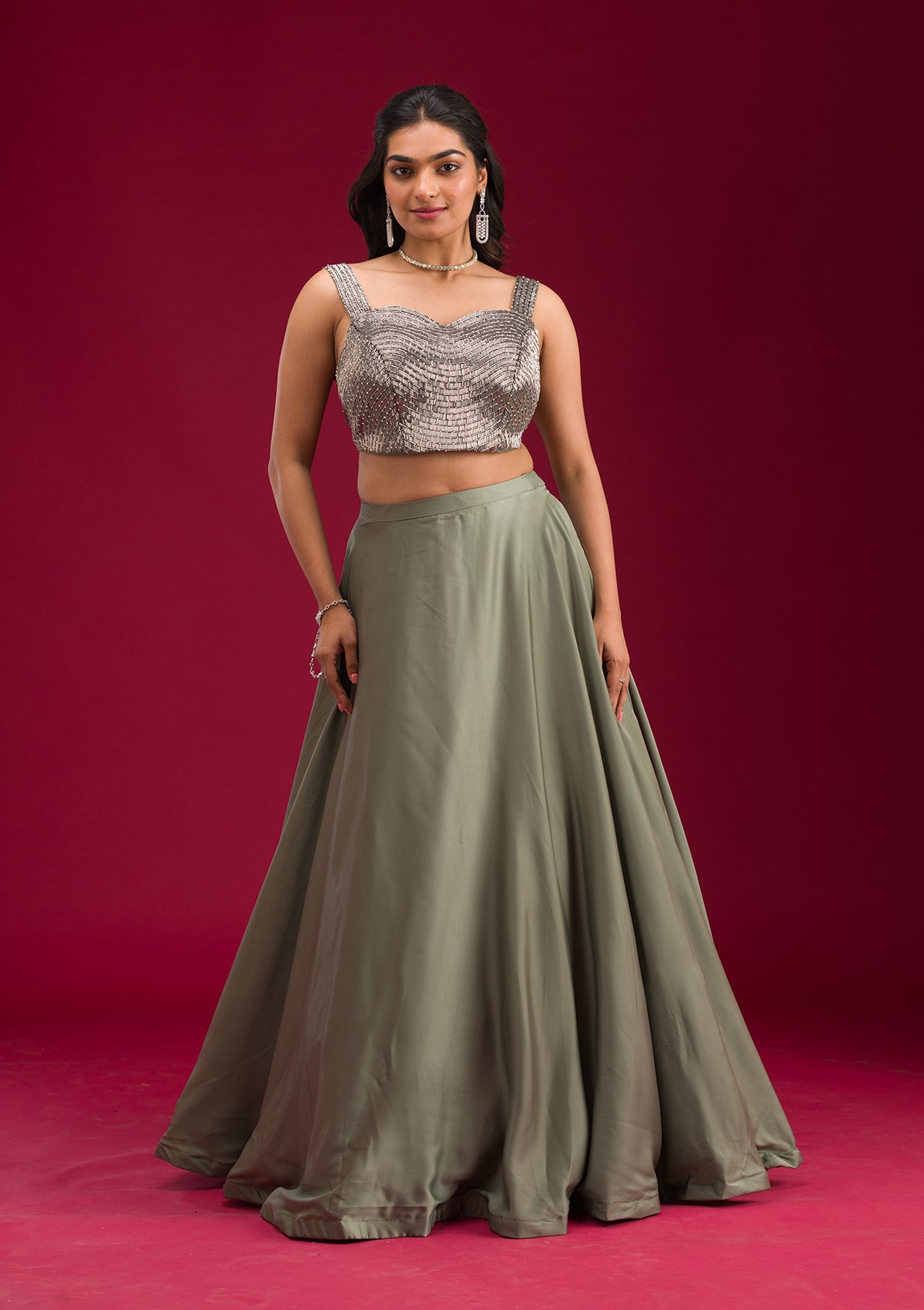 Mehendi Cutdana Satin Readymade Lehenga