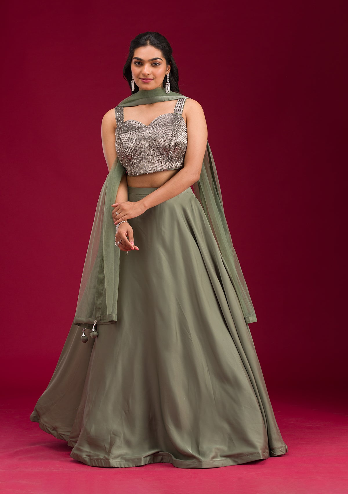 Mehendi Cutdana Satin Readymade Lehenga