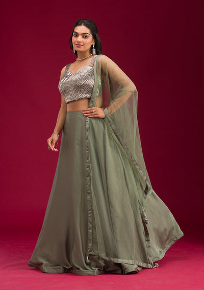 Mehendi Cutdana Satin Readymade Lehenga-Koskii