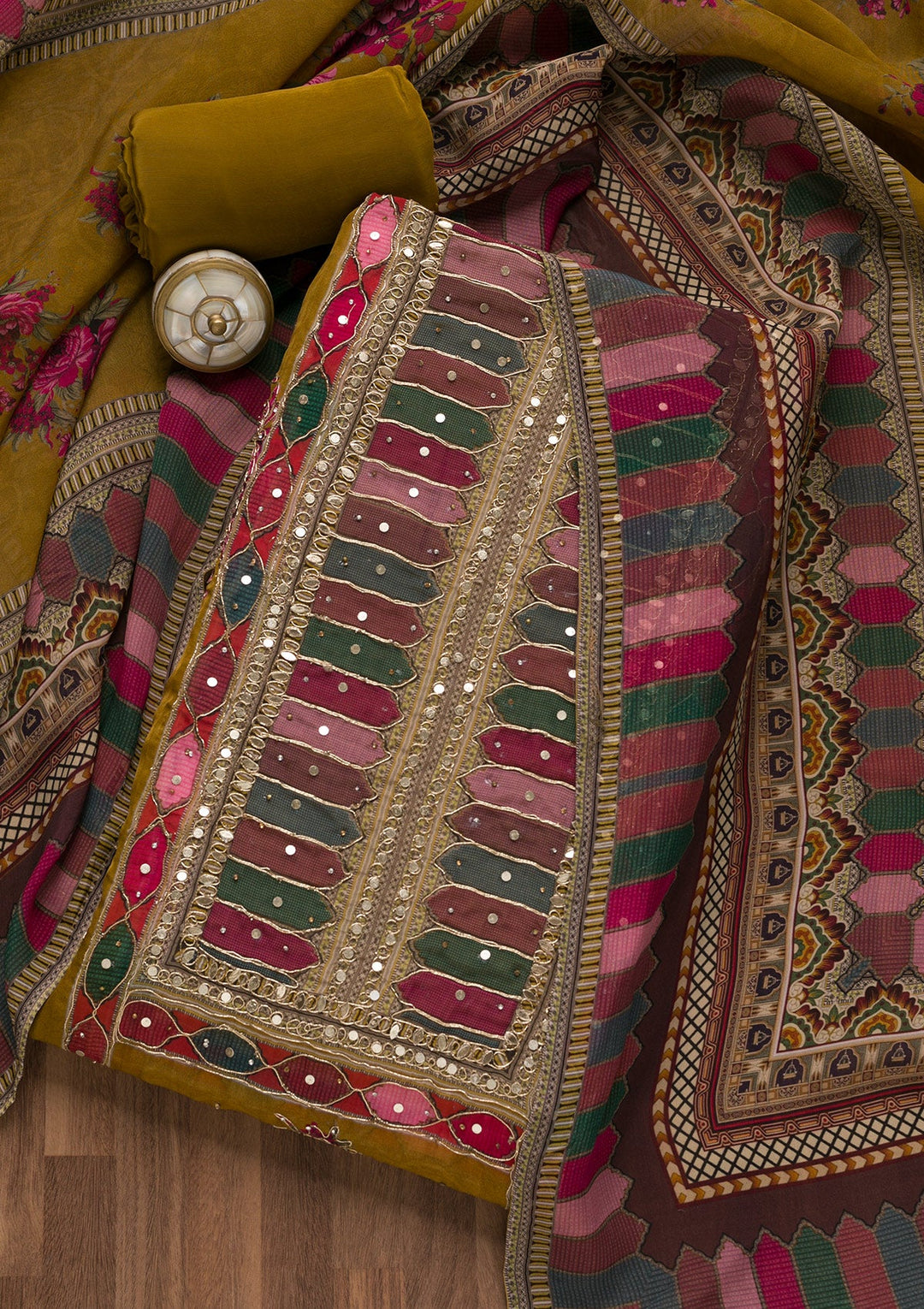 Mehendi Gotapatti Georgette Unstitched Salwar Suit-Koskii