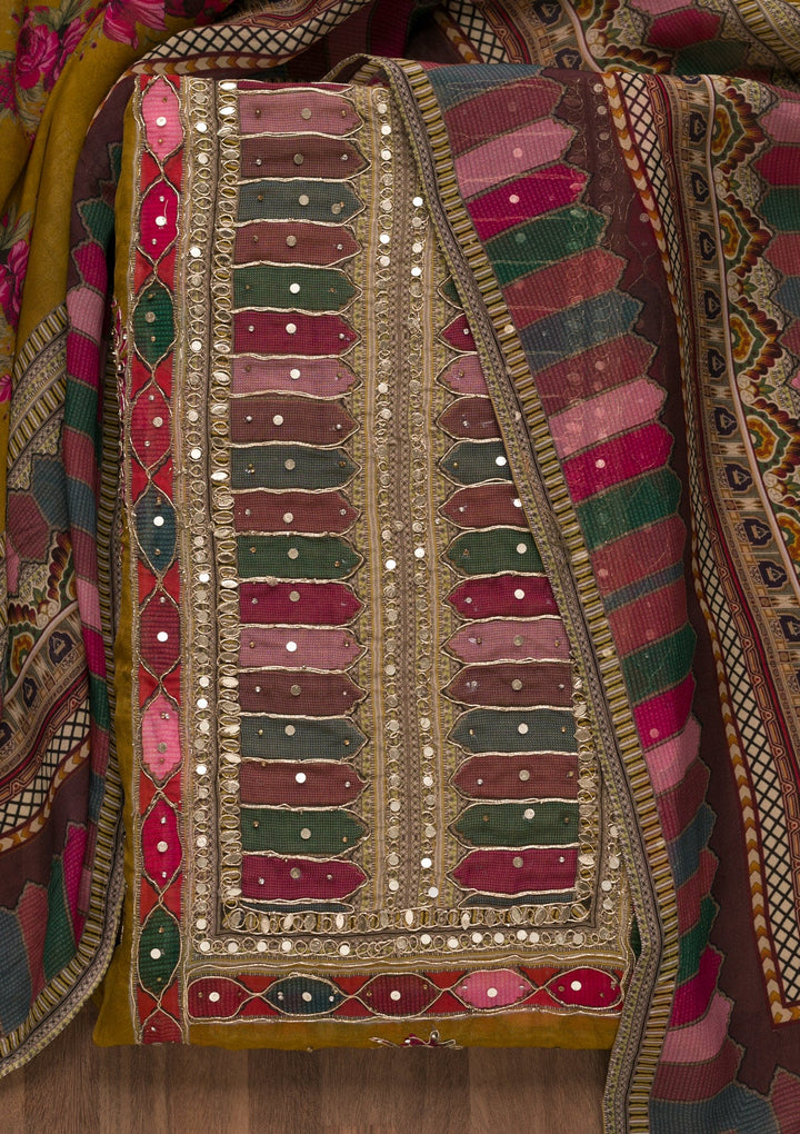 Mehendi Gotapatti Georgette Unstitched Salwar Suit-Koskii
