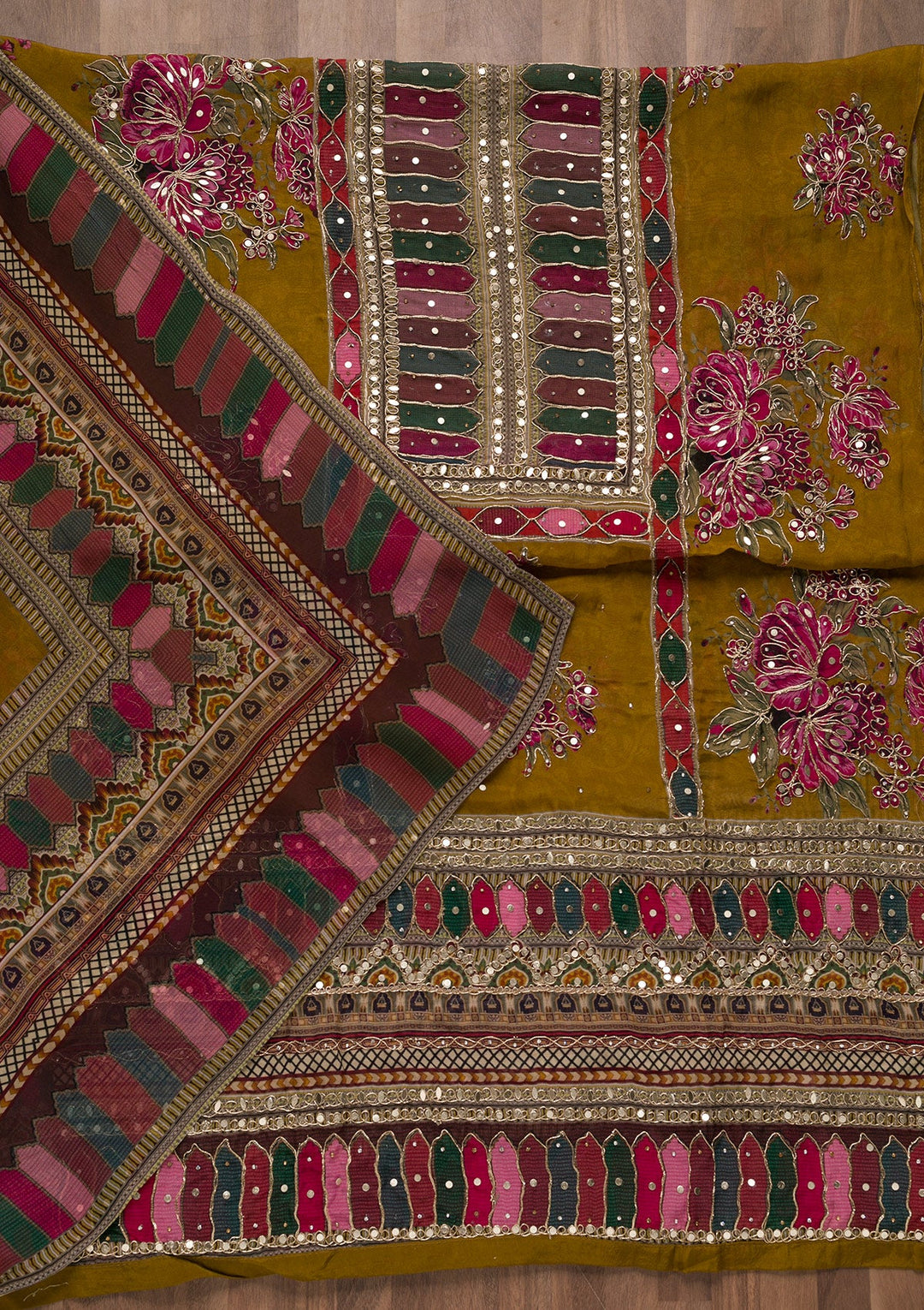 Mehendi Gotapatti Georgette Unstitched Salwar Suit-Koskii