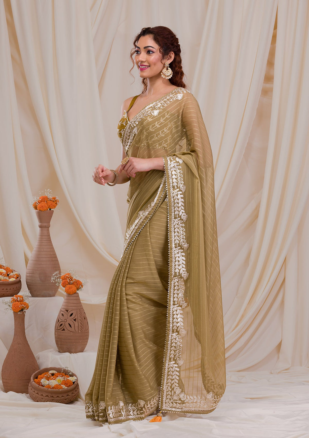 Mehendi Gotapatti Georgette Saree-Koskii