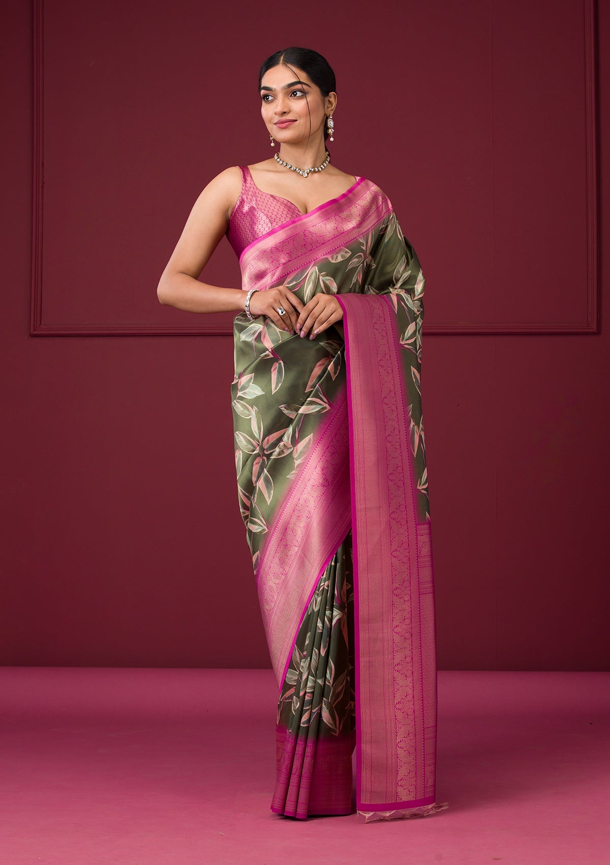 Mehendi Printed Art Silk Saree