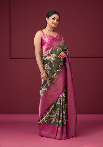 Mehendi Printed Art Silk Saree