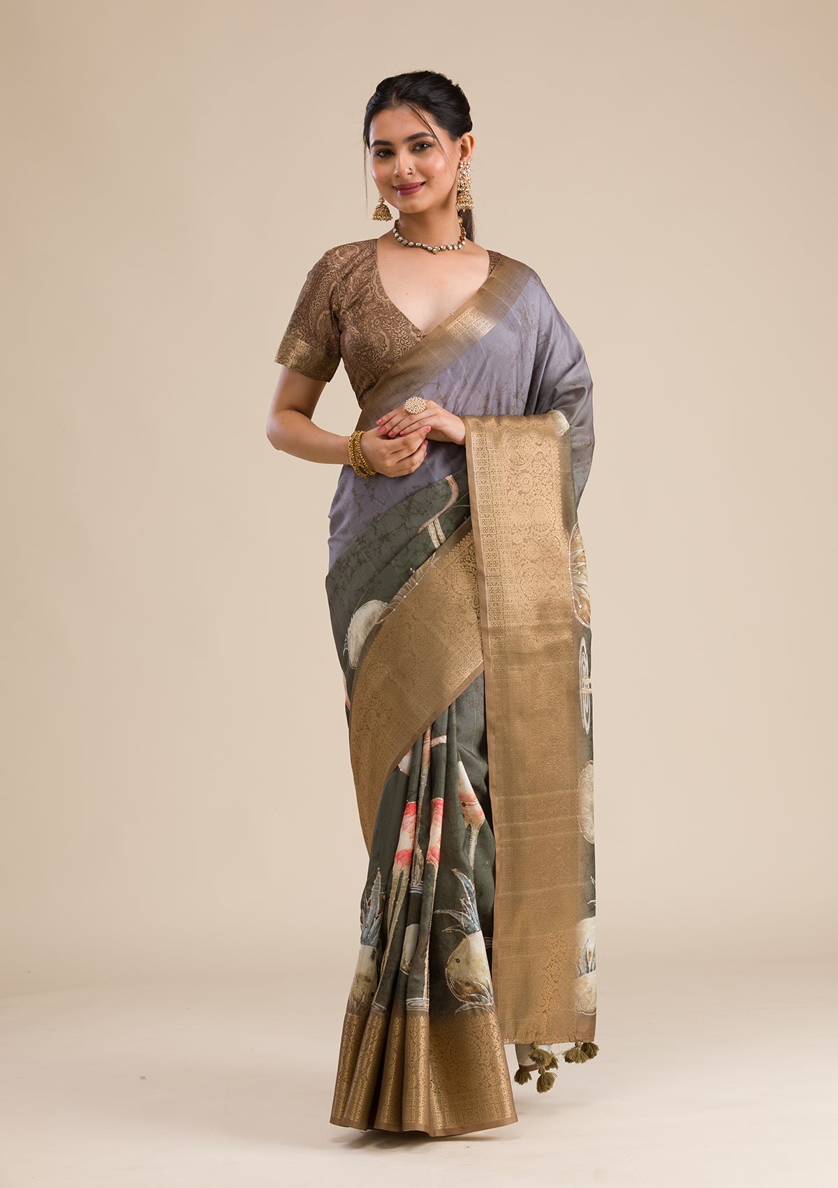 Mehendi Printed Art Silk Saree-Koskii