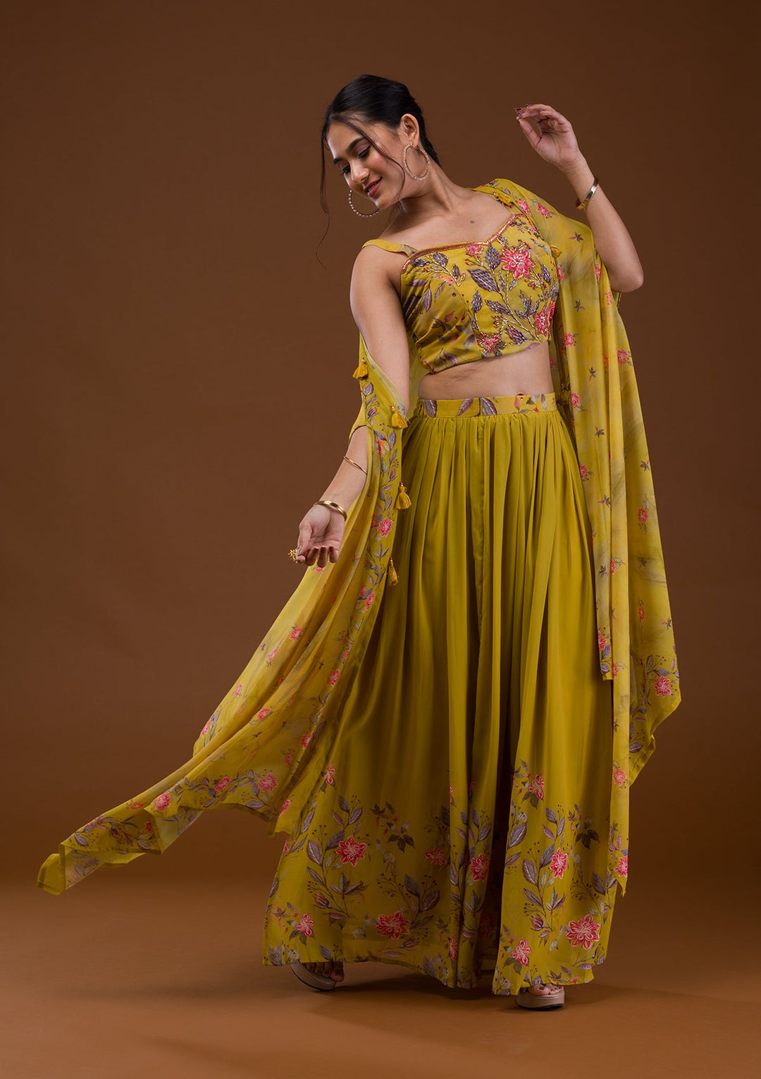 Mehendi Printed Georgette Readymade Lehenga-Koskii
