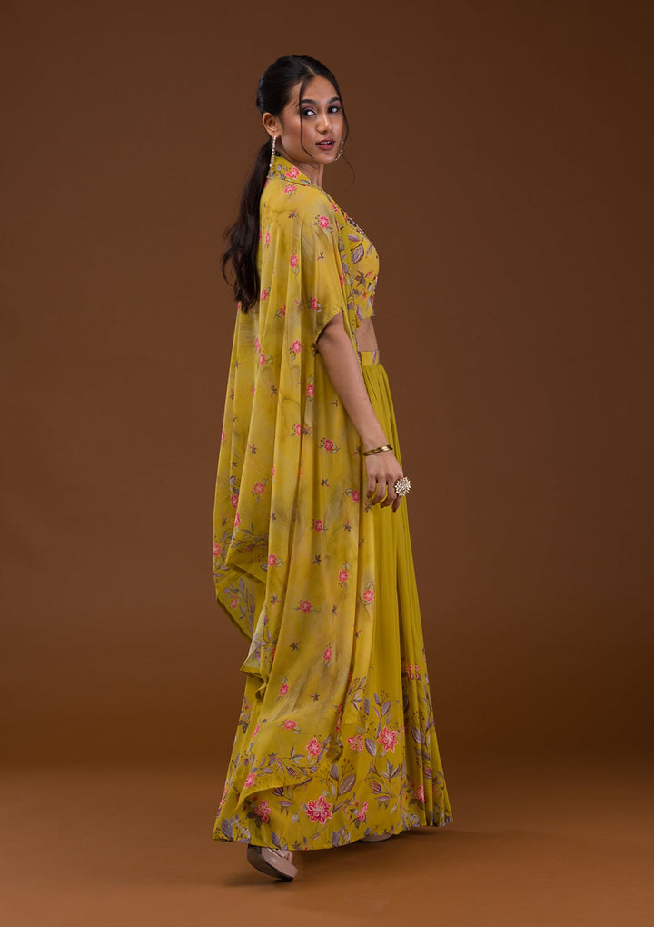 Mehendi Printed Georgette Readymade Lehenga-Koskii