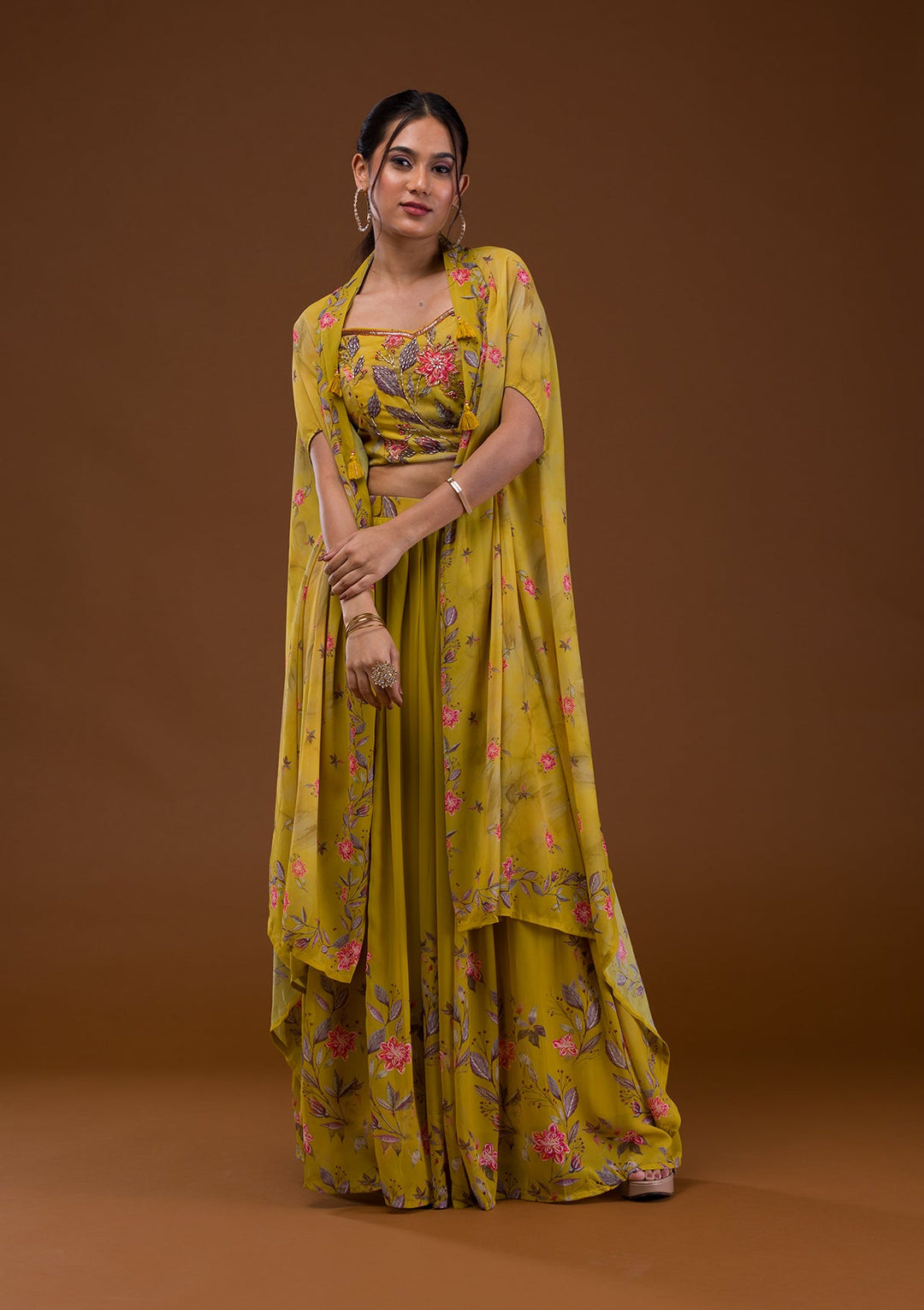 Mehendi Printed Georgette Readymade Lehenga-Koskii