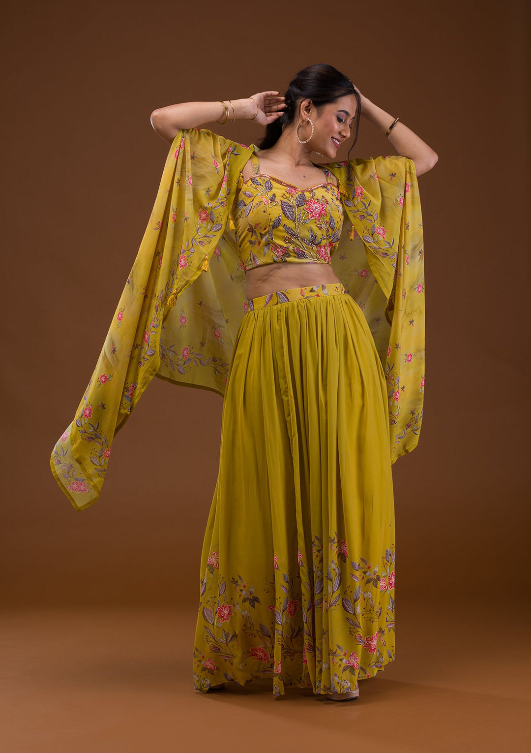 Mehendi Printed Georgette Readymade Lehenga-Koskii