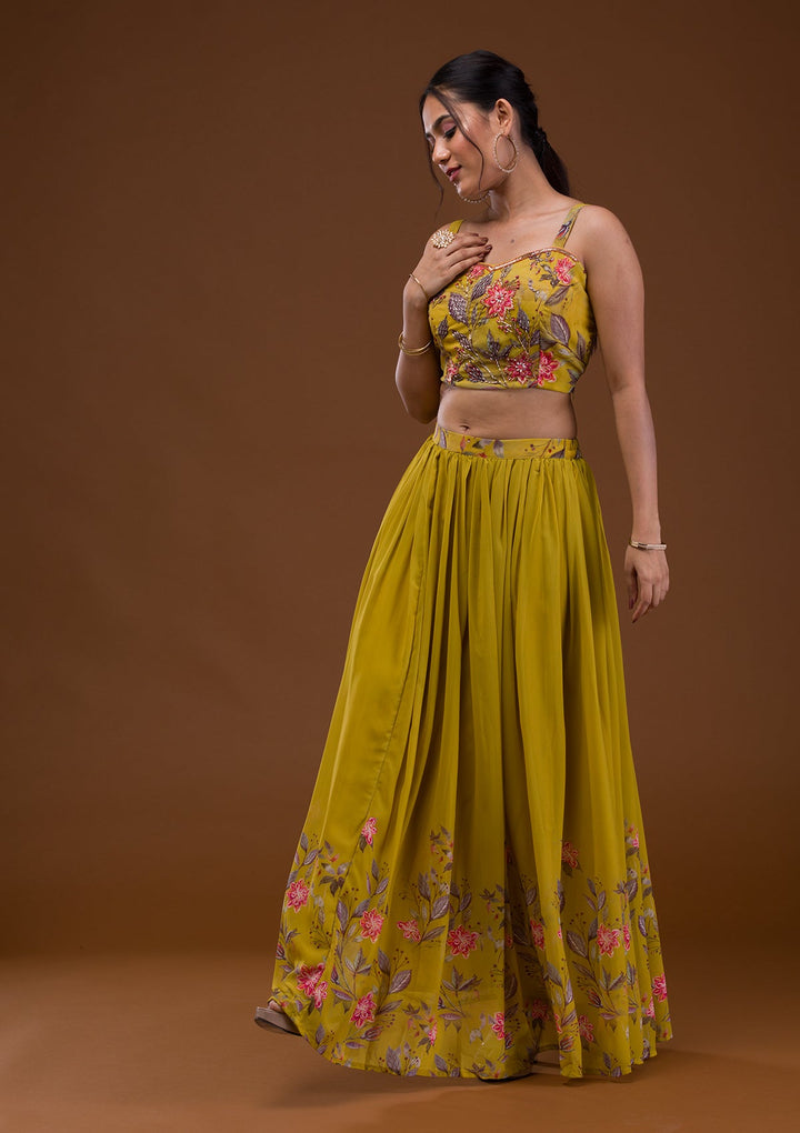 Mehendi Printed Georgette Readymade Lehenga-Koskii