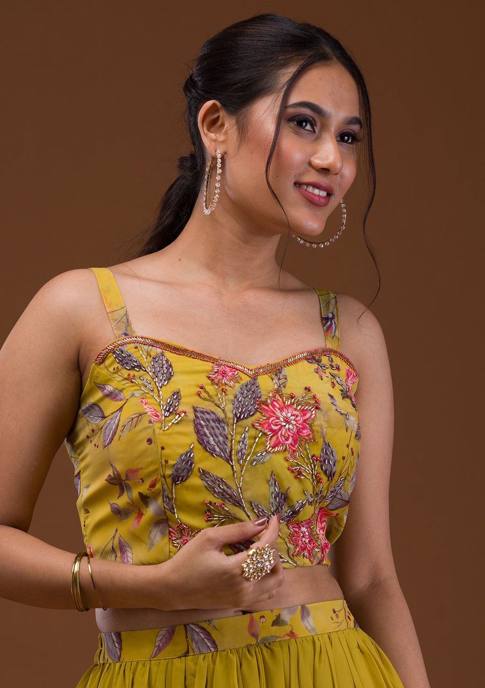 Mehendi Printed Georgette Readymade Lehenga-Koskii