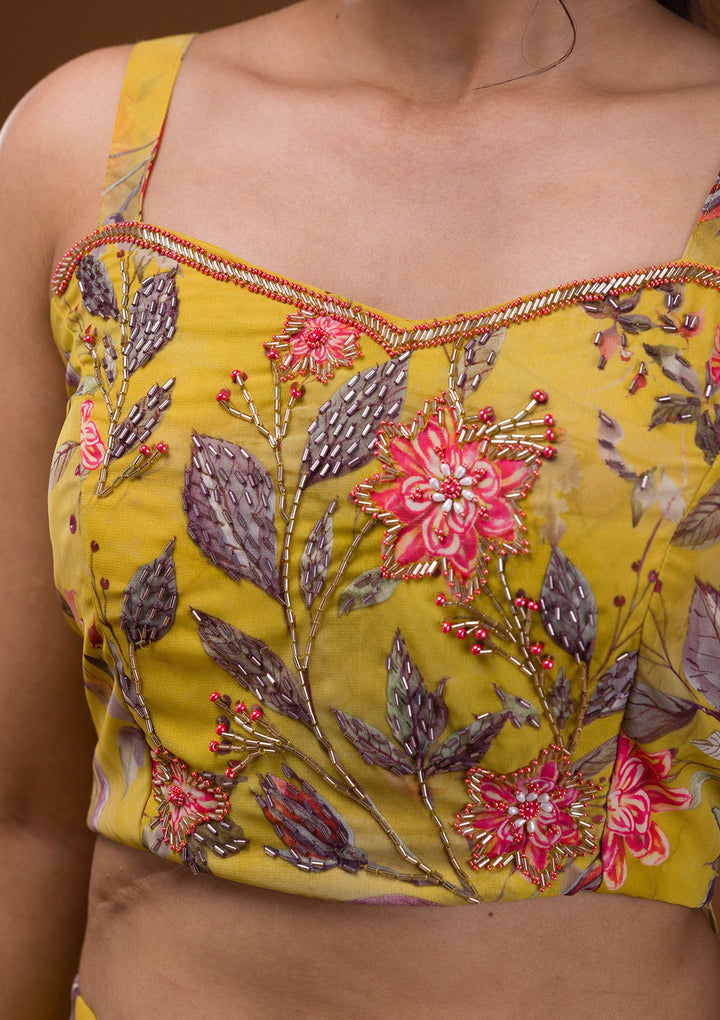 Mehendi Printed Georgette Readymade Lehenga-Koskii