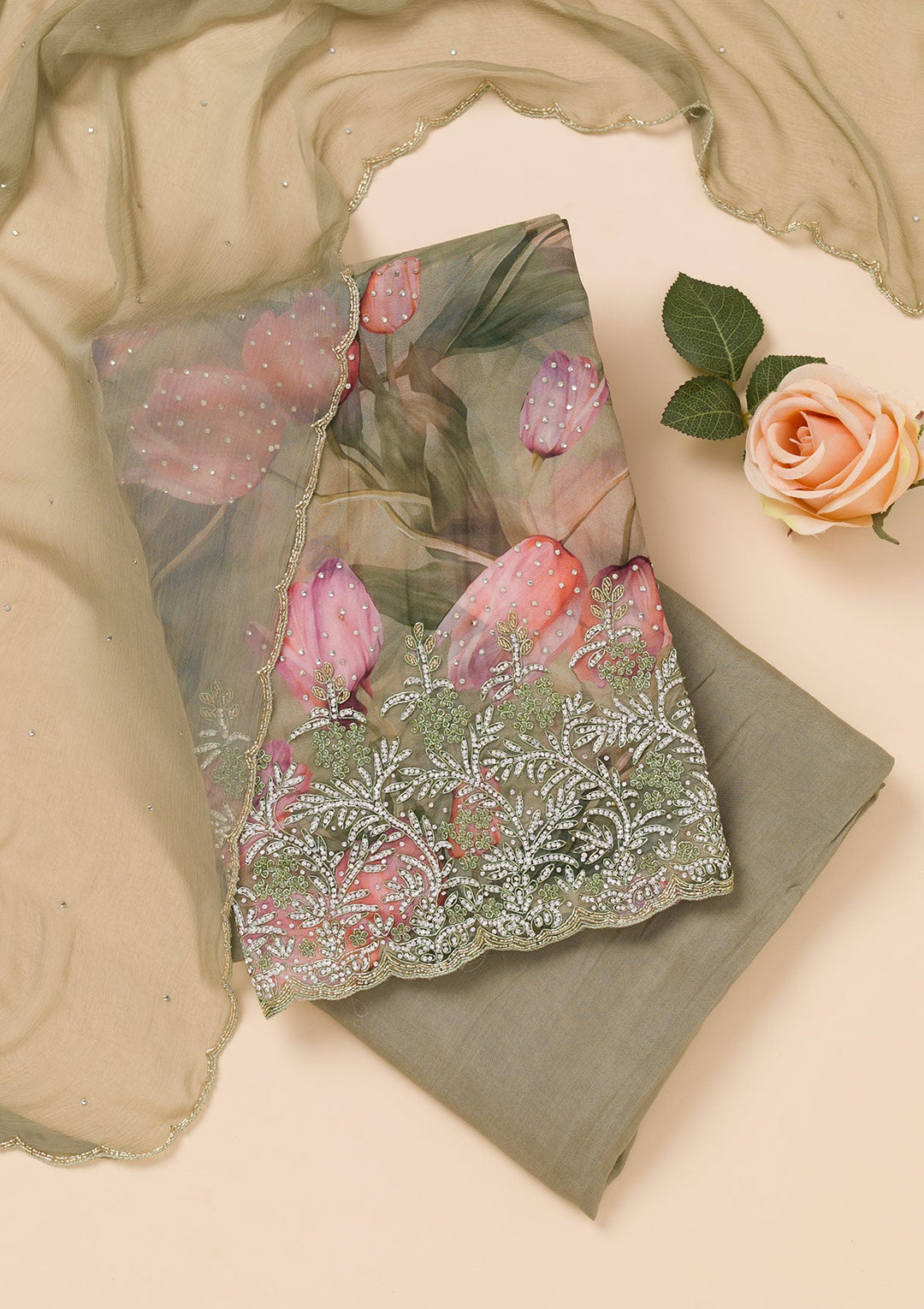 Mehendi Printed Georgette Unstitched Salwar Suit-Koskii