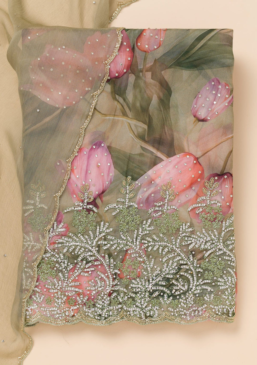 Mehendi Printed Georgette Unstitched Salwar Suit-Koskii