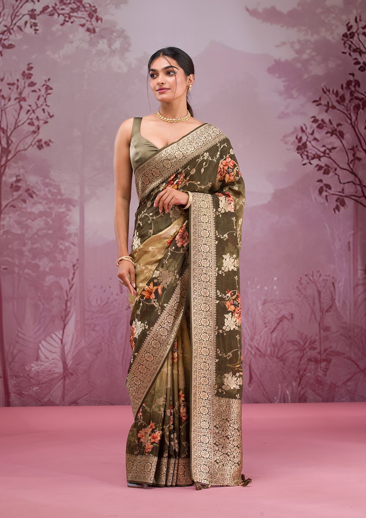 Mehendi Printed Georgette Saree-Koskii