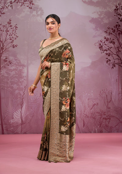 Mehendi Printed Georgette Saree-Koskii