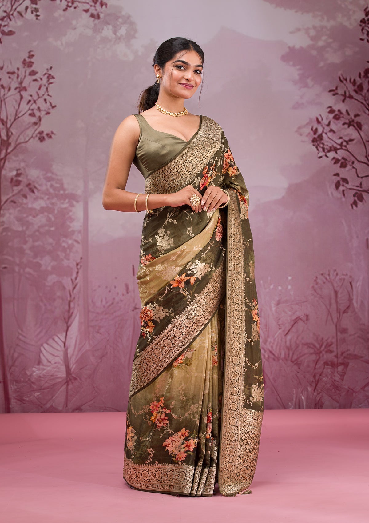 Mehendi Printed Georgette Saree-Koskii