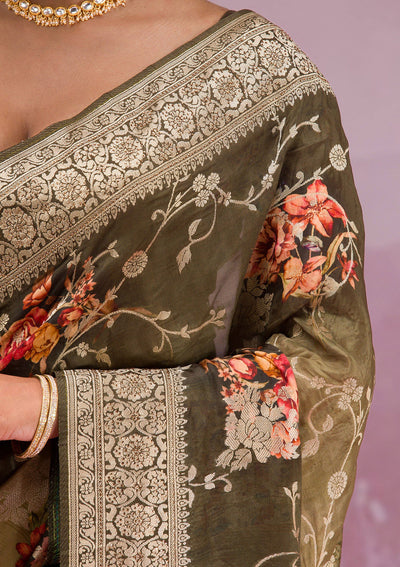 Mehendi Printed Georgette Saree-Koskii