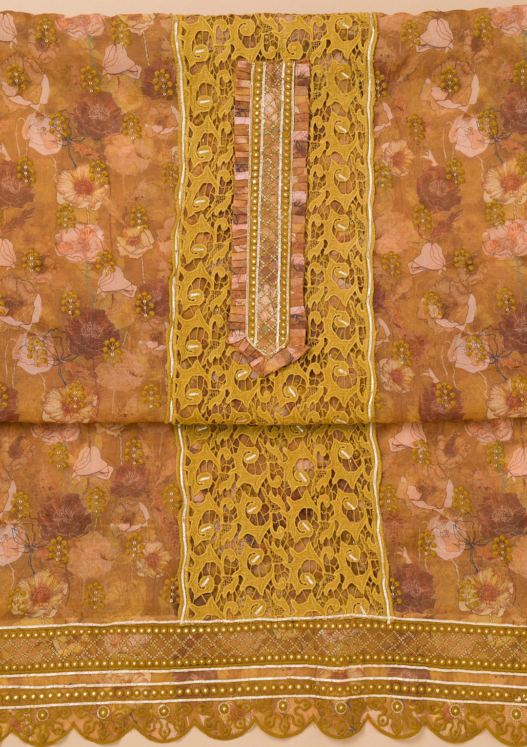 Mehendi Printed Organza Unstitched Salwar Kameez-Koskii